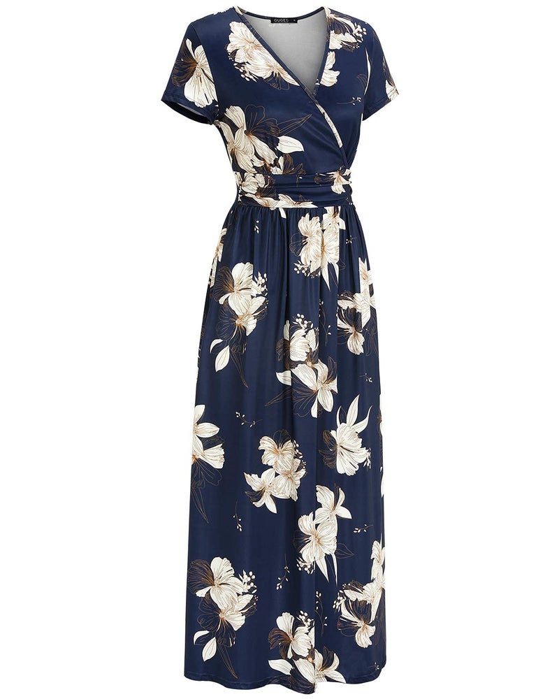 OUGES Women's V-Neck Pattern Pocket Maxi Long Dress(Floral-32,L) - Image 2